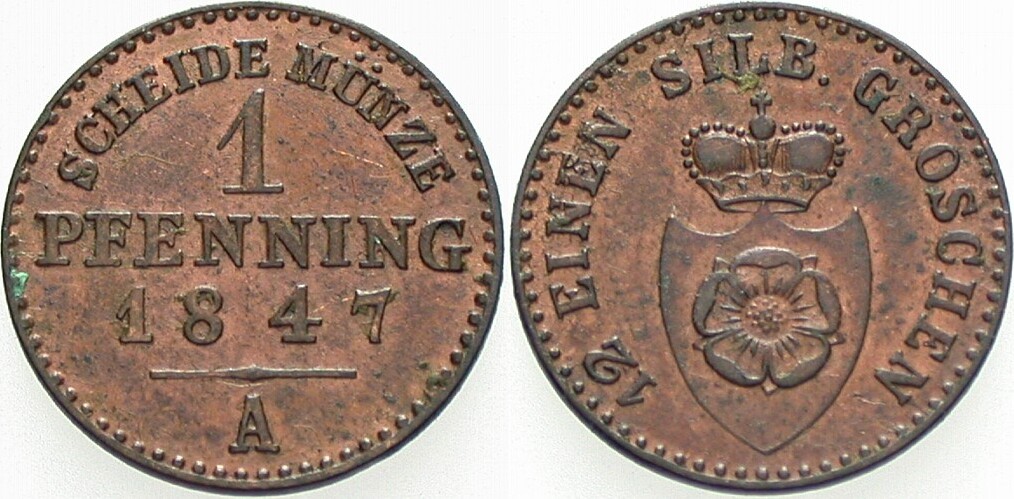 1 Pfennig 1847 Jaeger 9 AKS 14 Patina, sehr schön - vorzüglich