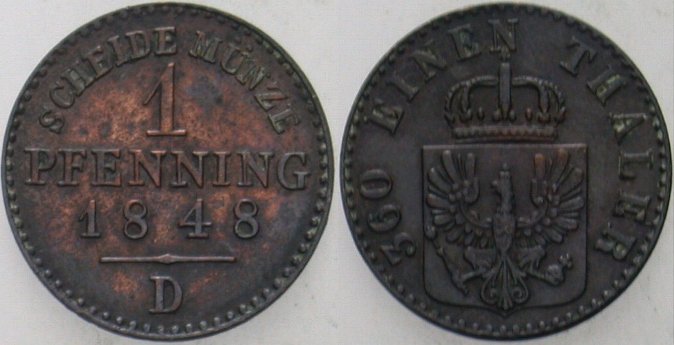 1 Pfennig 1848 Jaeger 50 Olding 349 AKS 92 Patina, Sehr schön - vorzüglich