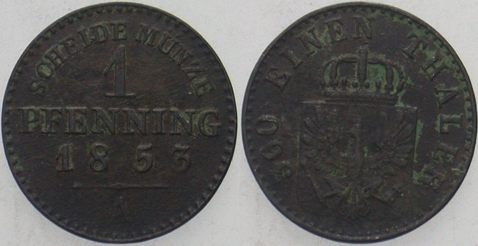 1 Pfennig 1853 Jaeger 50 Olding 337 AKS 92 Fast sehr schön