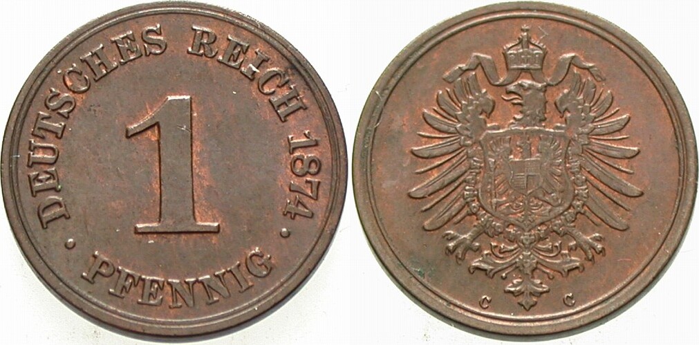 1 Pfennig 1874 J. 1 Patina, vorzüglich