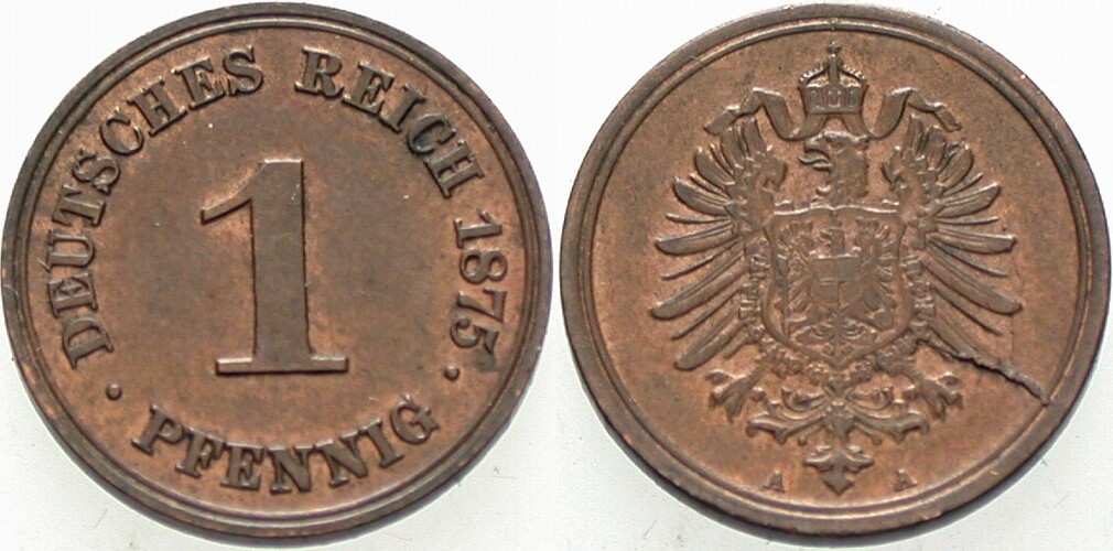 1 Pfennig 1875 J. 1 Patina, kl. Schrötlingsfehler, vorzüglich
