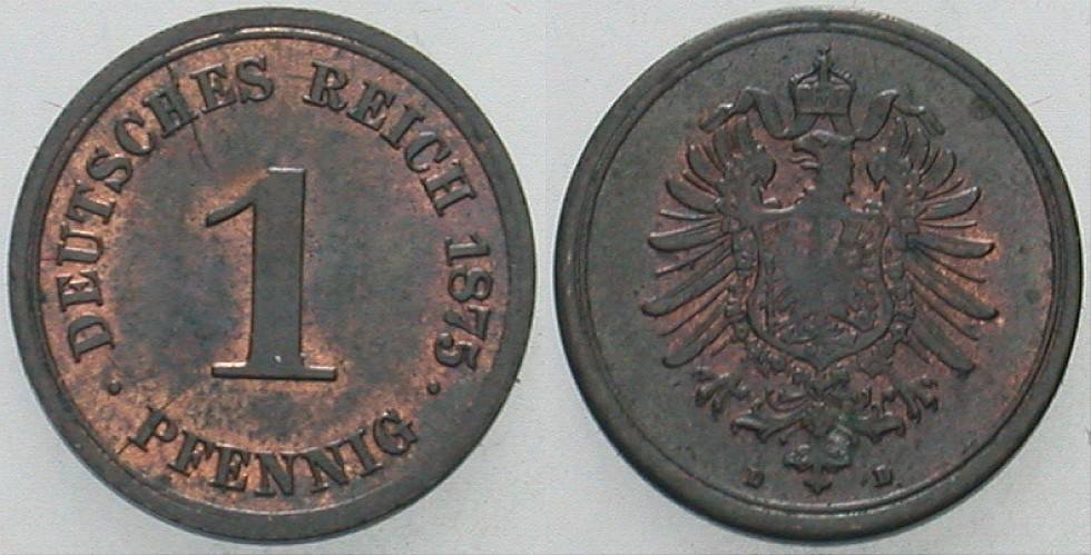 1 Pfennig 1875 J. 1 Patina, vorzüglich +