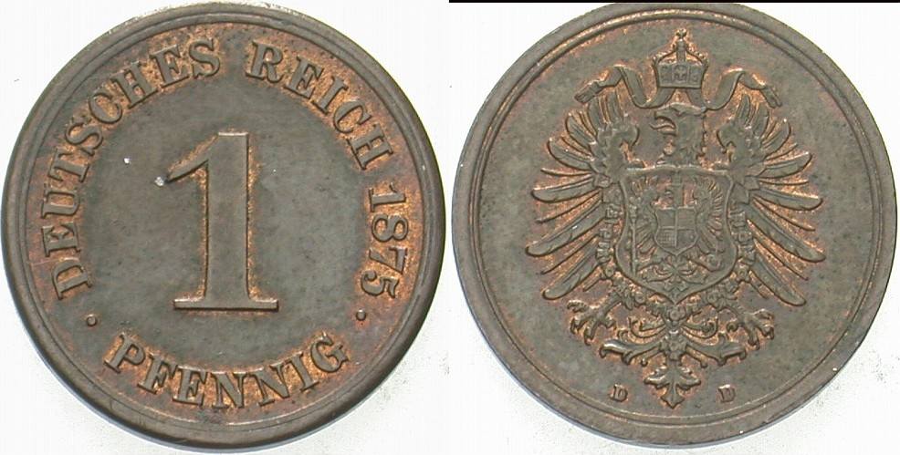 1 Pfennig 1875 J. 1 Patina, vorzüglich