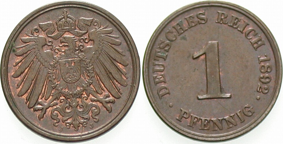 1 Pfennig 1892 J. 10 Patina, vorzüglich - Stempelglanz