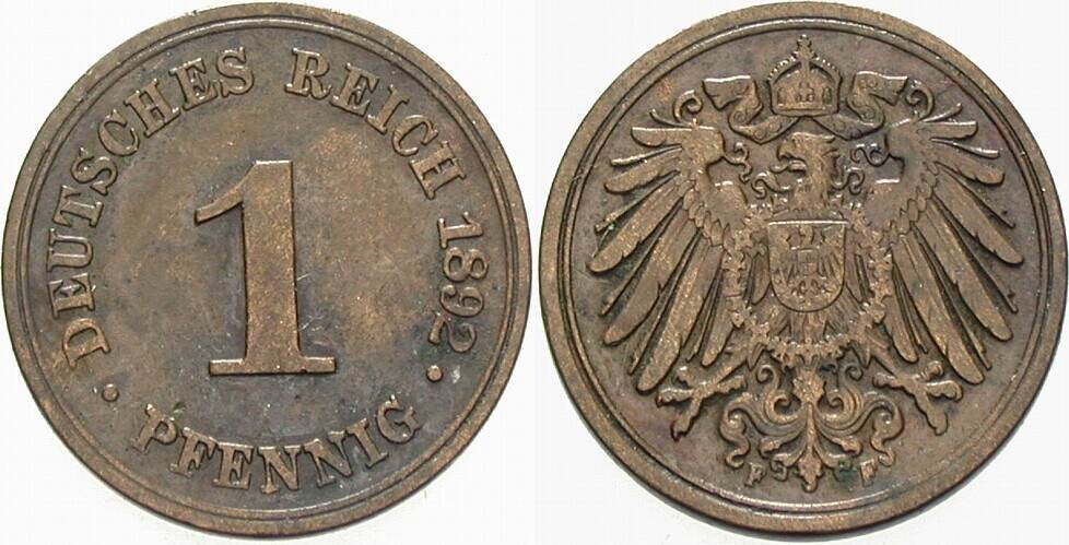 1 Pfennig 1892 J. 10 Sehr schön