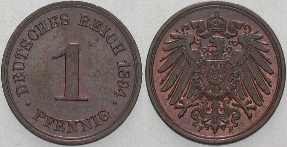 1 Pfennig 1894 J. 10 Patina, vorzüglich - Stempelglanz