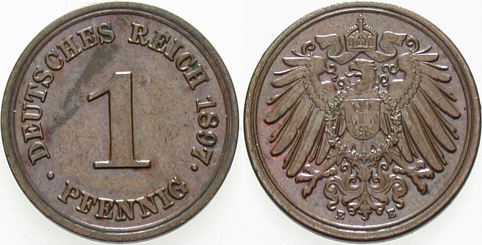 1 Pfennig 1897 J. 10 Patina, vorzüglich +