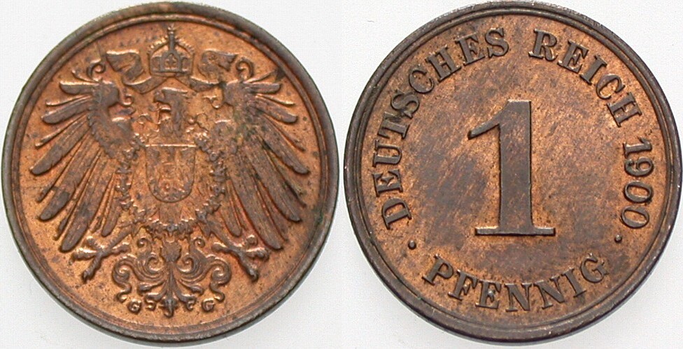1 Pfennig 1900 J. 10 Patina, vorzüglich - Stempelglanz
