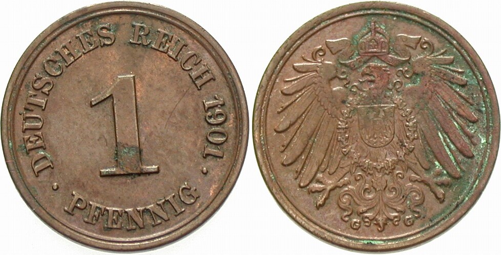 1 Pfennig 1901 J. 10 Patina, vorzüglich