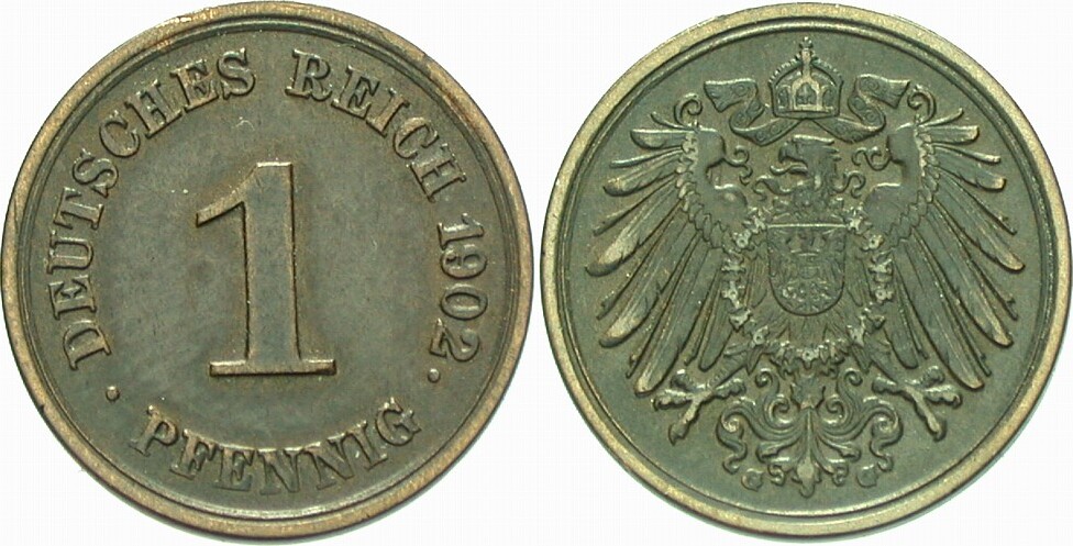 1 Pfennig 1902 J. 10 Patina, winz. Randfehler, fast vorzüglich