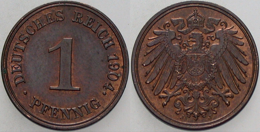 1 Pfennig 1904 J. 10 Patina, vorzüglich - Stempelglanz