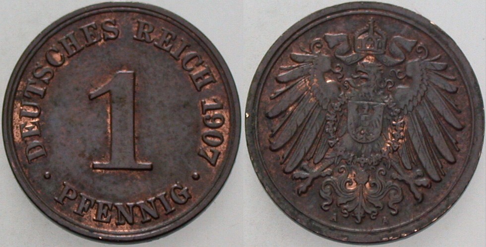 1 Pfennig 1907 J. 10 Patina, vorzüglich +