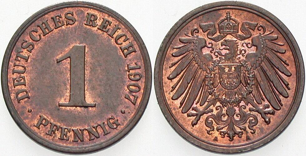 1 Pfennig 1907 J. 10 Patina, vorzüglich - Stempelglanz