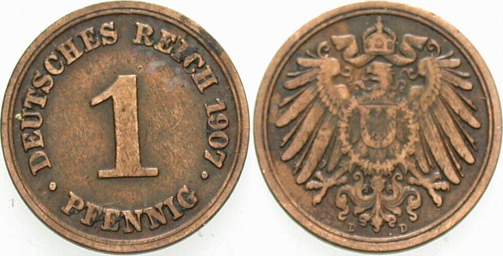 1 Pfennig 1907 J. 10 Sehr schön