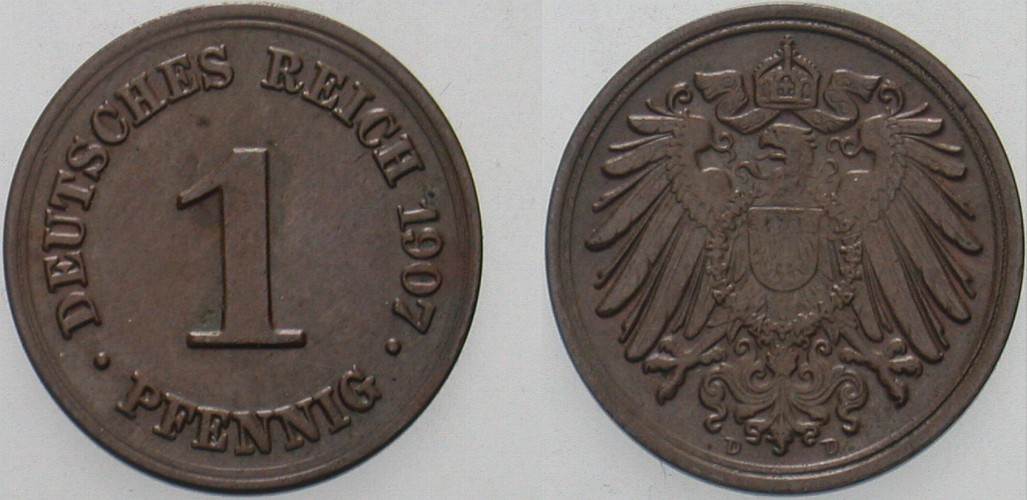 1 Pfennig 1907 J. 10 Vorzüglich