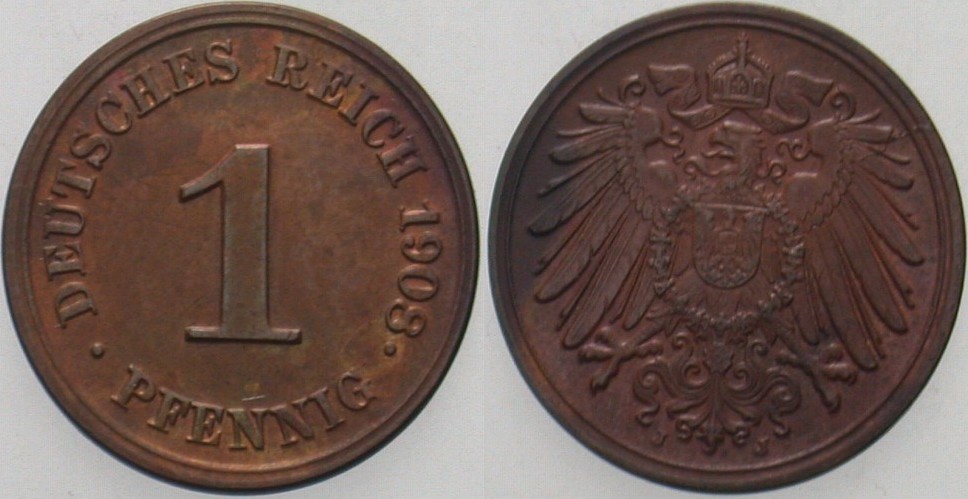 1 Pfennig 1908 J. 10 Patina,  fast Stempelglanz