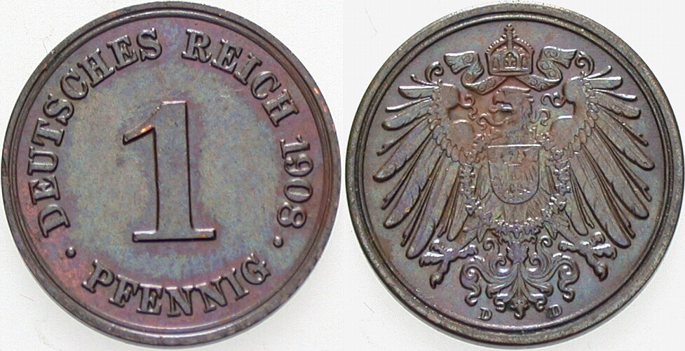 1 Pfennig 1908 J. 10 Patina, vorzüglich +