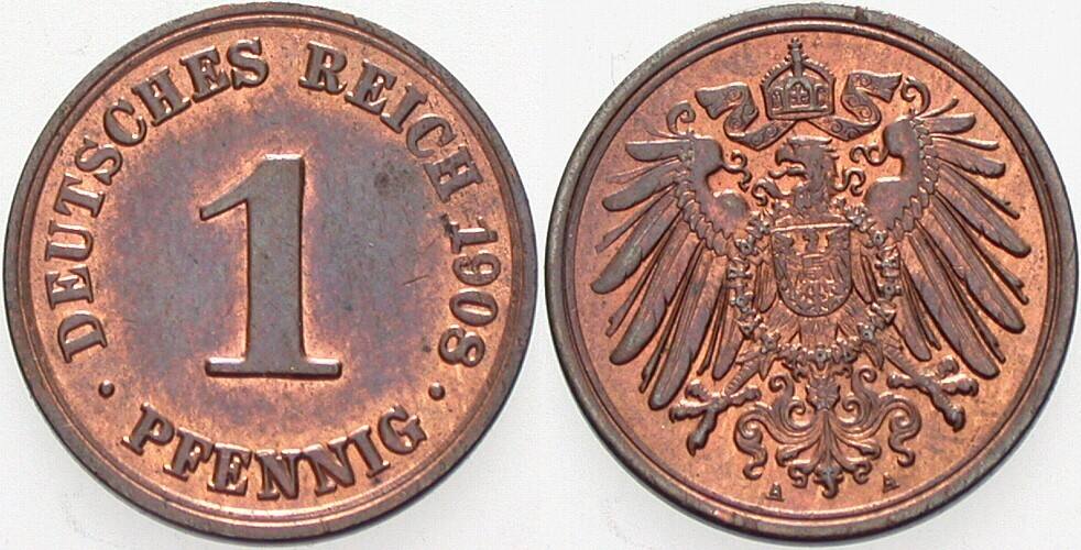 1 Pfennig 1908 J. 10 Patina, vorzüglich - Stempelglanz