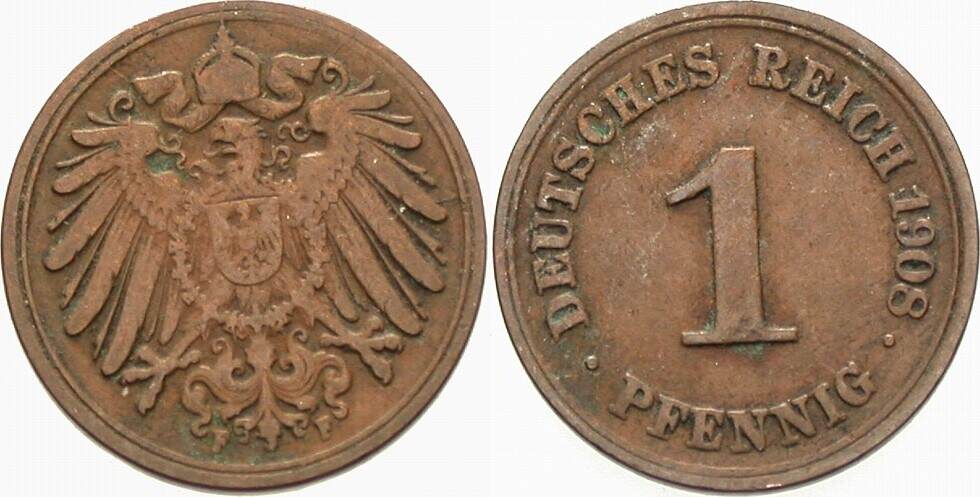 1 Pfennig 1908 J. 10 Sehr schön