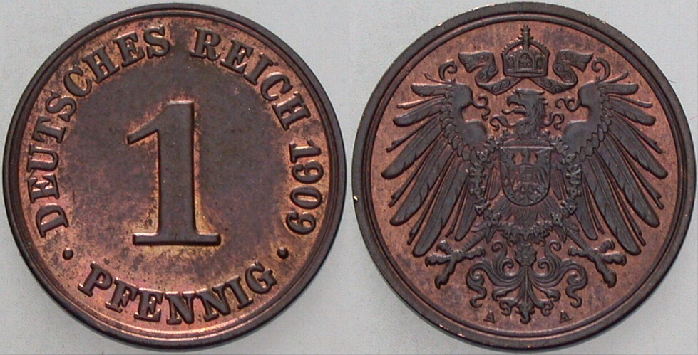 1 Pfennig 1909 J. 10 Patina, vorzüglich - Stempelglanz