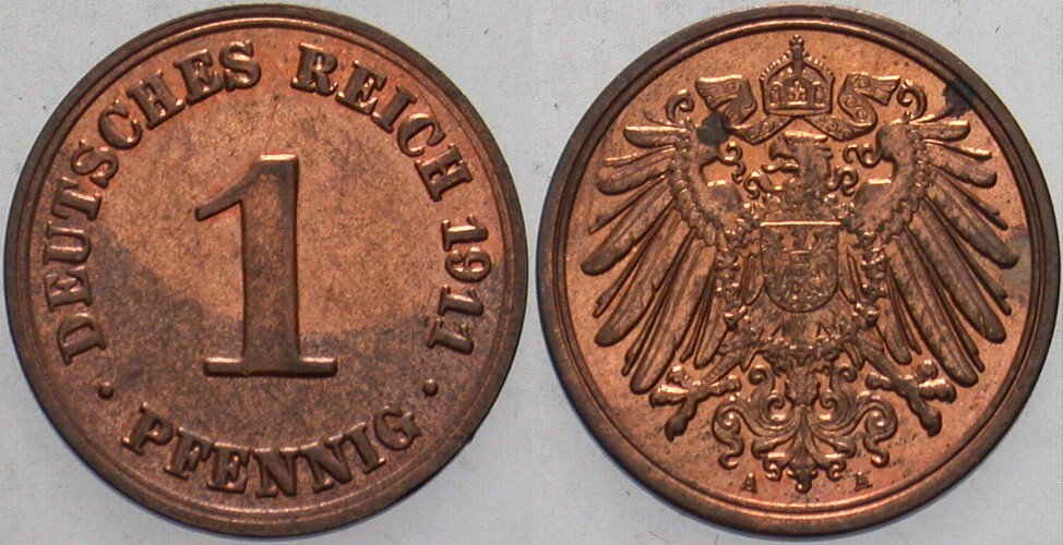 1 Pfennig 1911 J. 10 Patina, fast Stempelglanz