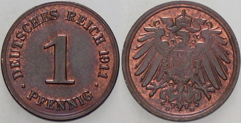 1 Pfennig 1911 J. 10 Patina, vorzüglich +