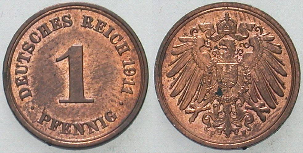 1 Pfennig 1911 J. 10 Patina, vorzüglich - Stempelglanz