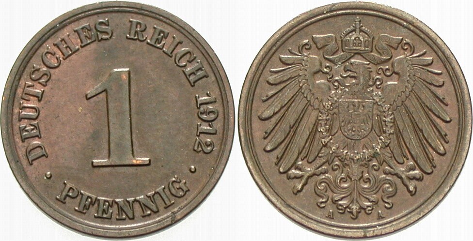 1 Pfennig 1912 J. 10 Patina, vorzüglich +