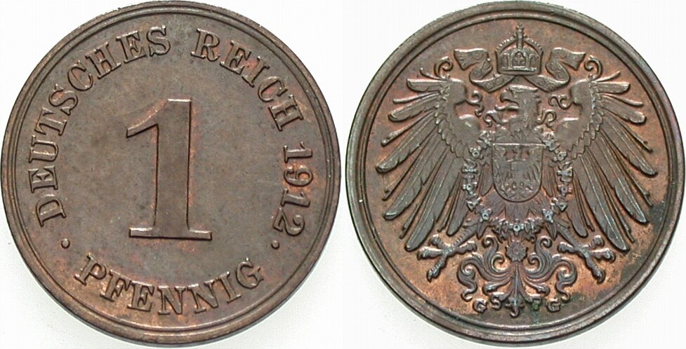 1 Pfennig 1912 J. 10 Patina, vorzüglich - Stempelglanz