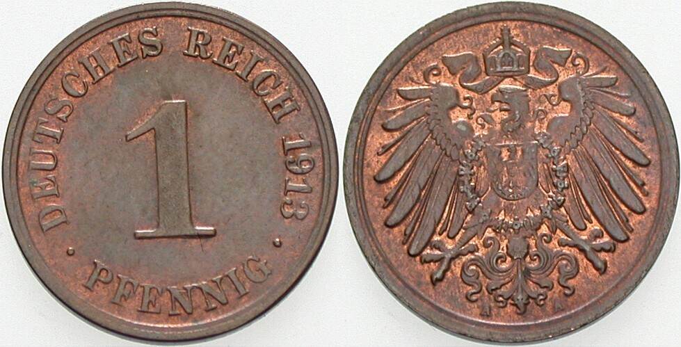 1 Pfennig 1913 J. 10 Patina, vorzüglich - Stempelglanz