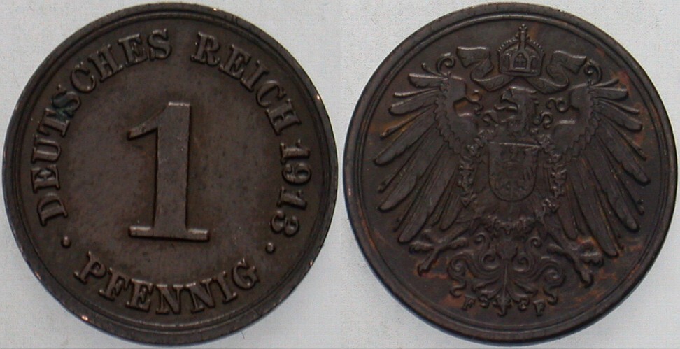 1 Pfennig 1913 J. 10 Patina, vorzüglich