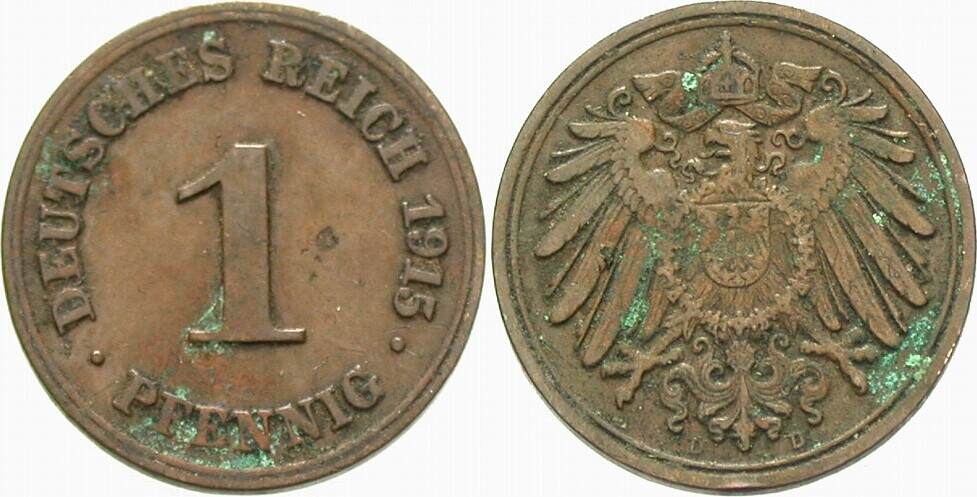1 Pfennig 1915 J. 10 Belag, sehr schön