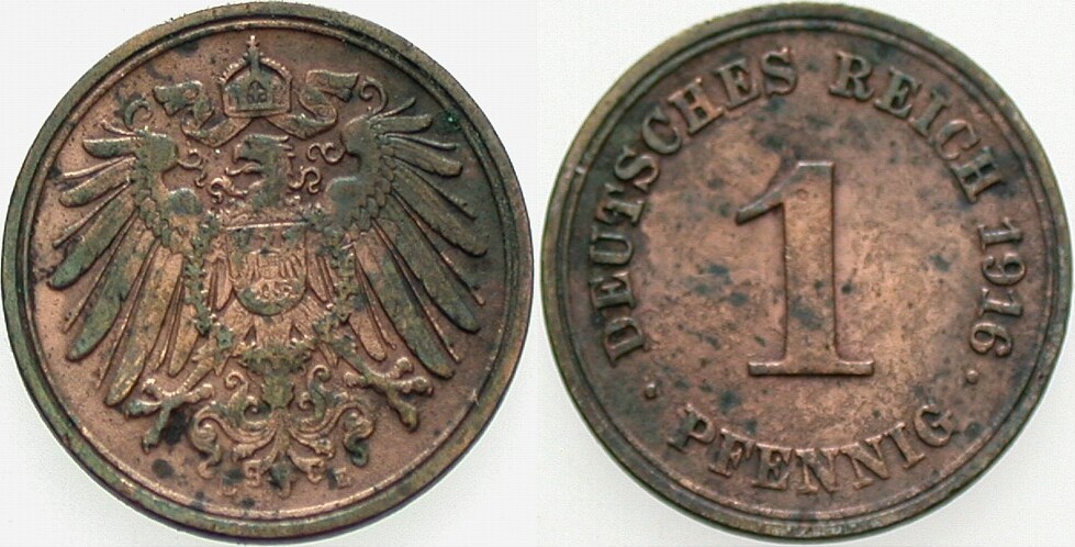 1 Pfennig 1916 J. 10 Belag, sehr schön