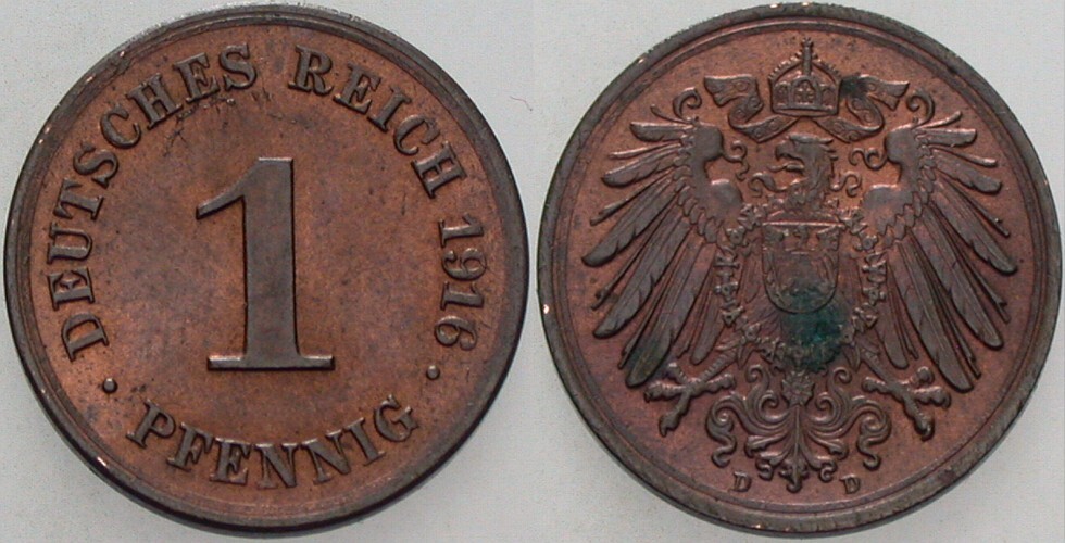 1 Pfennig 1916 J. 10 Patina, vorzüglich - Stempelglanz