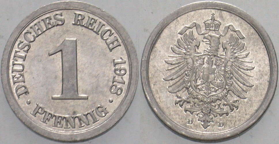 1 Pfennig 1918 J. 300 Patina, fast Stempelglanz