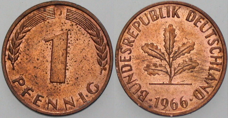 1 Pfennig 1966 J. 380 Patina, fast Stempelglanz
