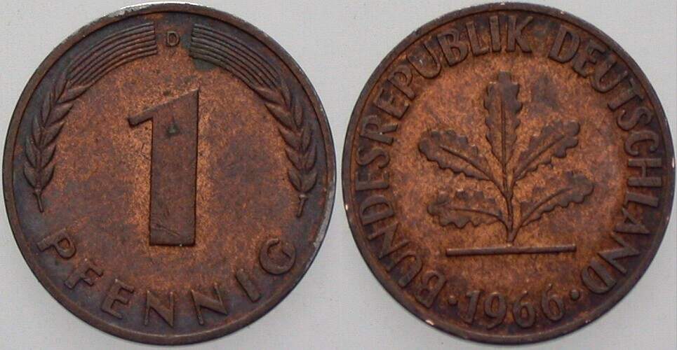 1 Pfennig 1966 J. 380 sehr schön