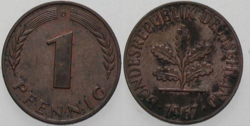 1 Pfennig 1967 J. 380 sehr schön