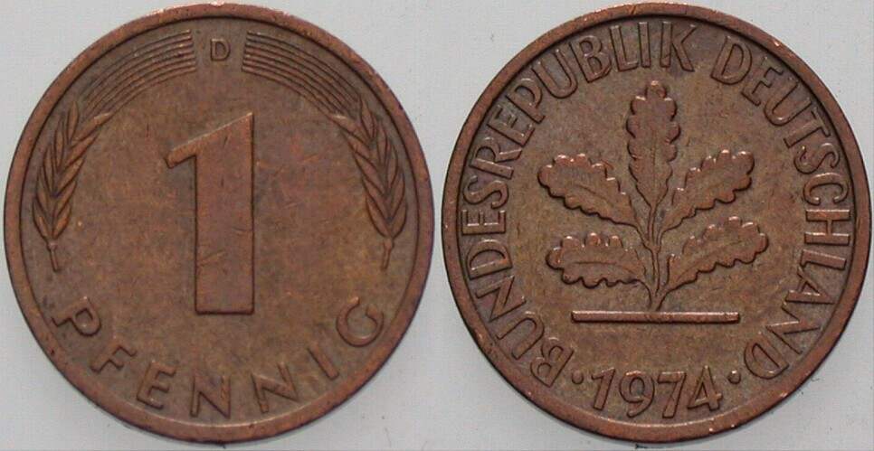 1 Pfennig 1974 J. 380 sehr schön