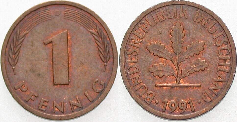 1 Pfennig 1991 J. 380 sehr schön