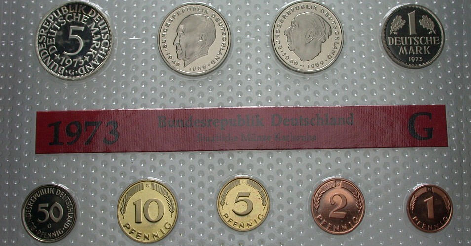 1 Pfennig - 5 Deutsche Mark, 10,68 DM 1973 Beginnende Patina, Polierte Platte