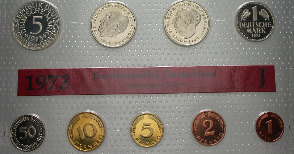 1 Pfennig - 5 Deutsche Mark, 10,68 DM 1973 Polierte Platte