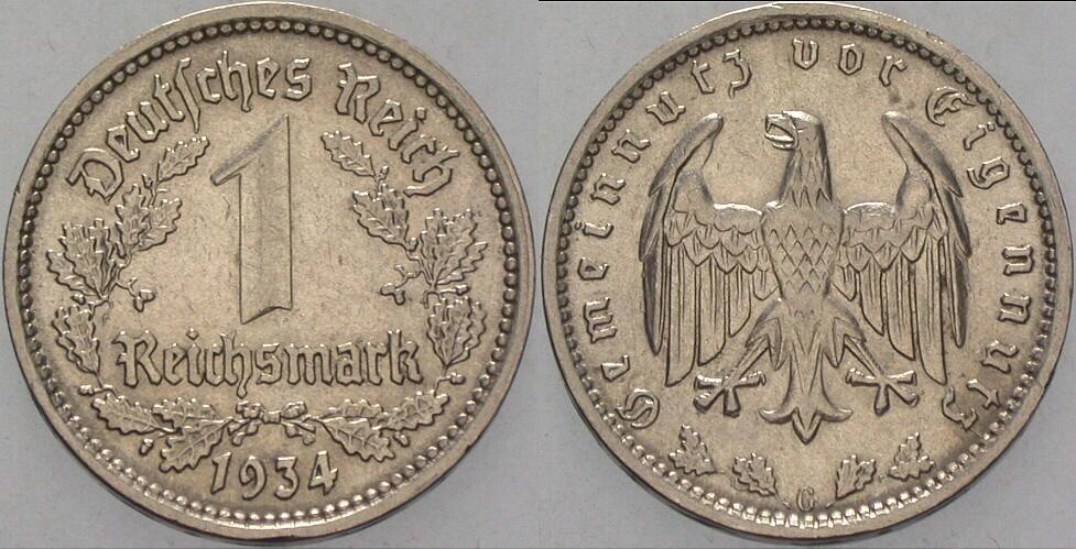 1 Reichsmark 1934 J. 354 Fast vorzüglich
