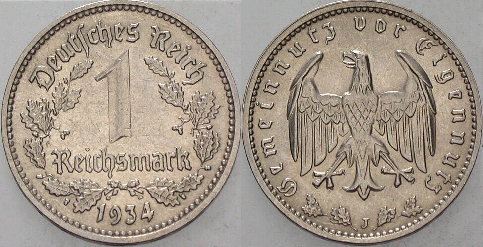 1 Reichsmark 1934 J. 354 Sehr schön - vorzüglich