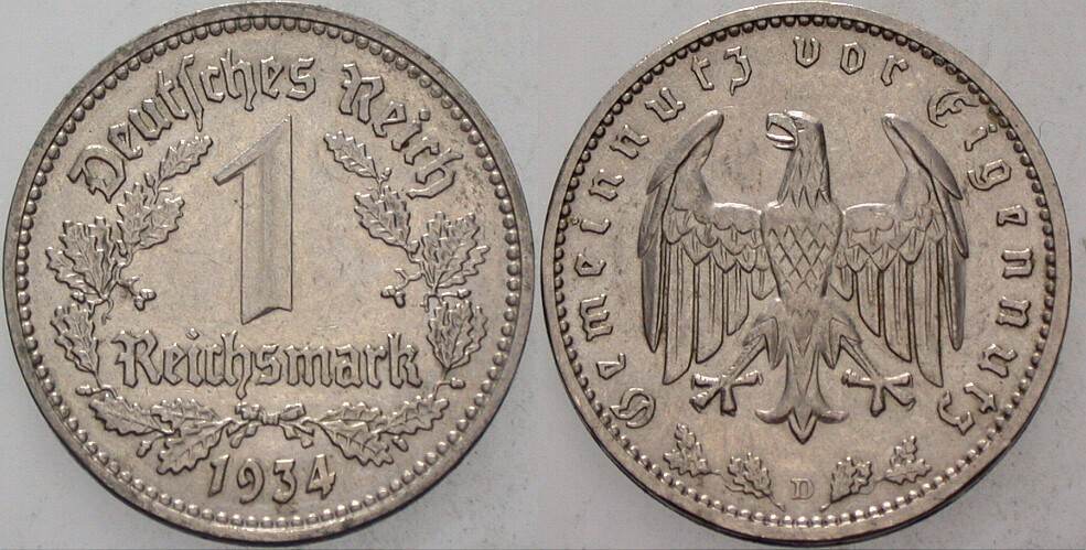 1 Reichsmark 1934 J. 354 Sehr schön
