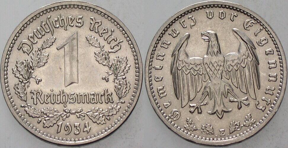 1 Reichsmark 1934 J. 354 Vorzüglich +