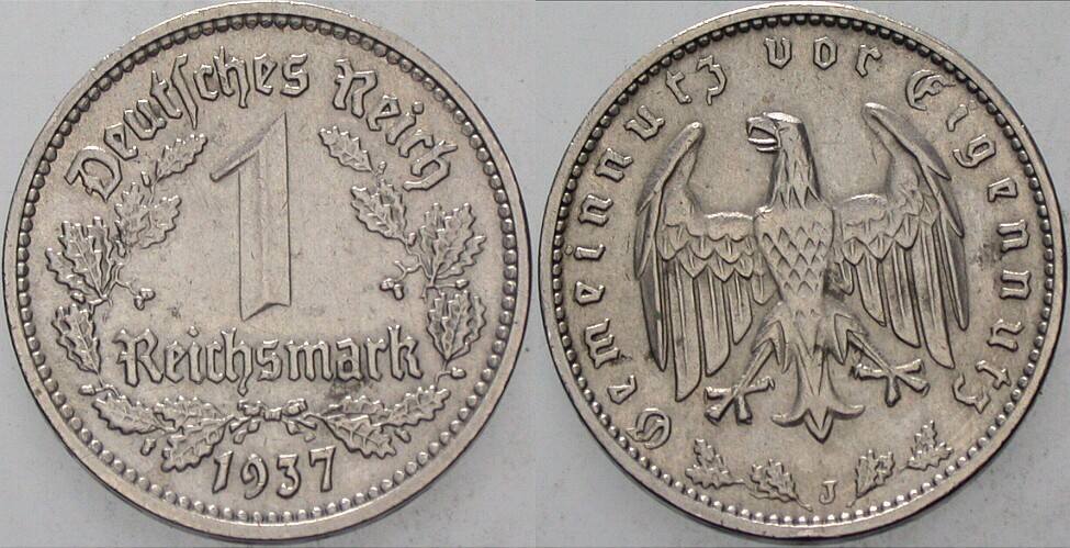 1 Reichsmark 1937 J. 354 Kl. Rdf., sehr schön - vorzüglich