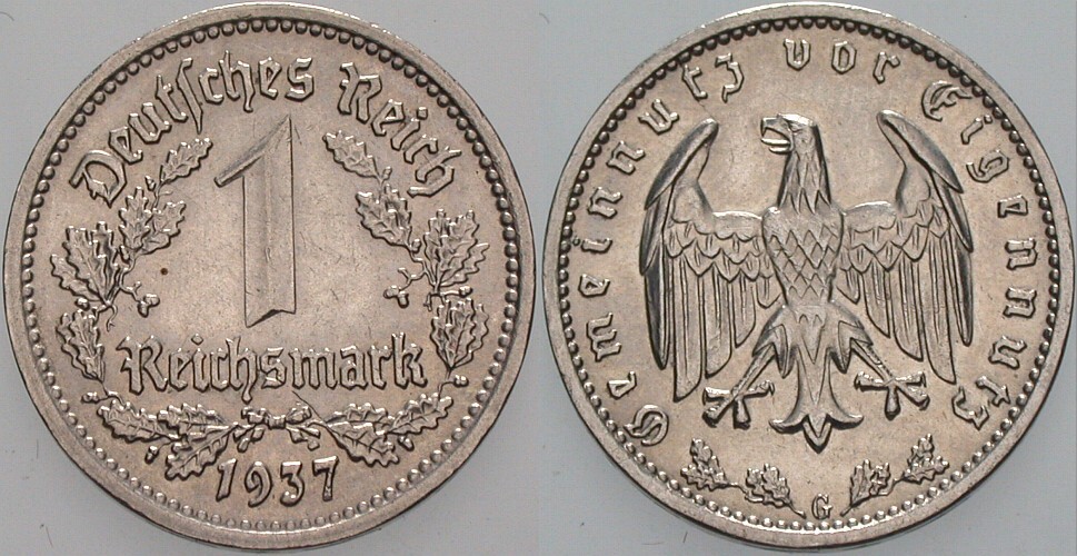 1 Reichsmark 1937 J. 354 Vorzüglich