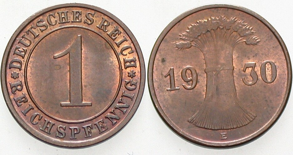 1 Reichspfennig 1930 J. 313 Patina, vorzüglich - Stempelglanz