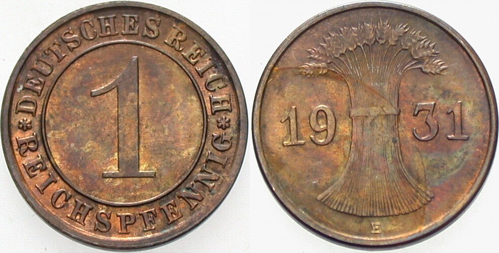 1 Reichspfennig 1931 J. 313 Patina, vorzüglich - Stempelglanz